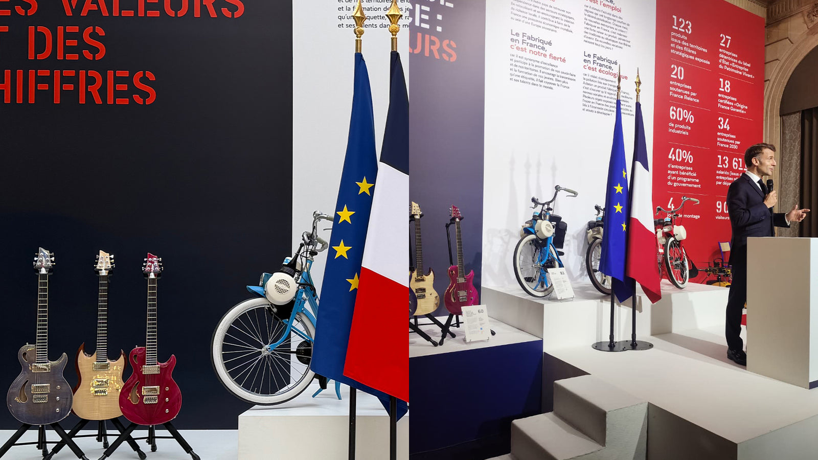 De Leeuw Guitars, lauréat de la Grande Exposition du Fabriqué en France au Palais de l'Élysée, novembre 2025 sur le podium présidentiel. 