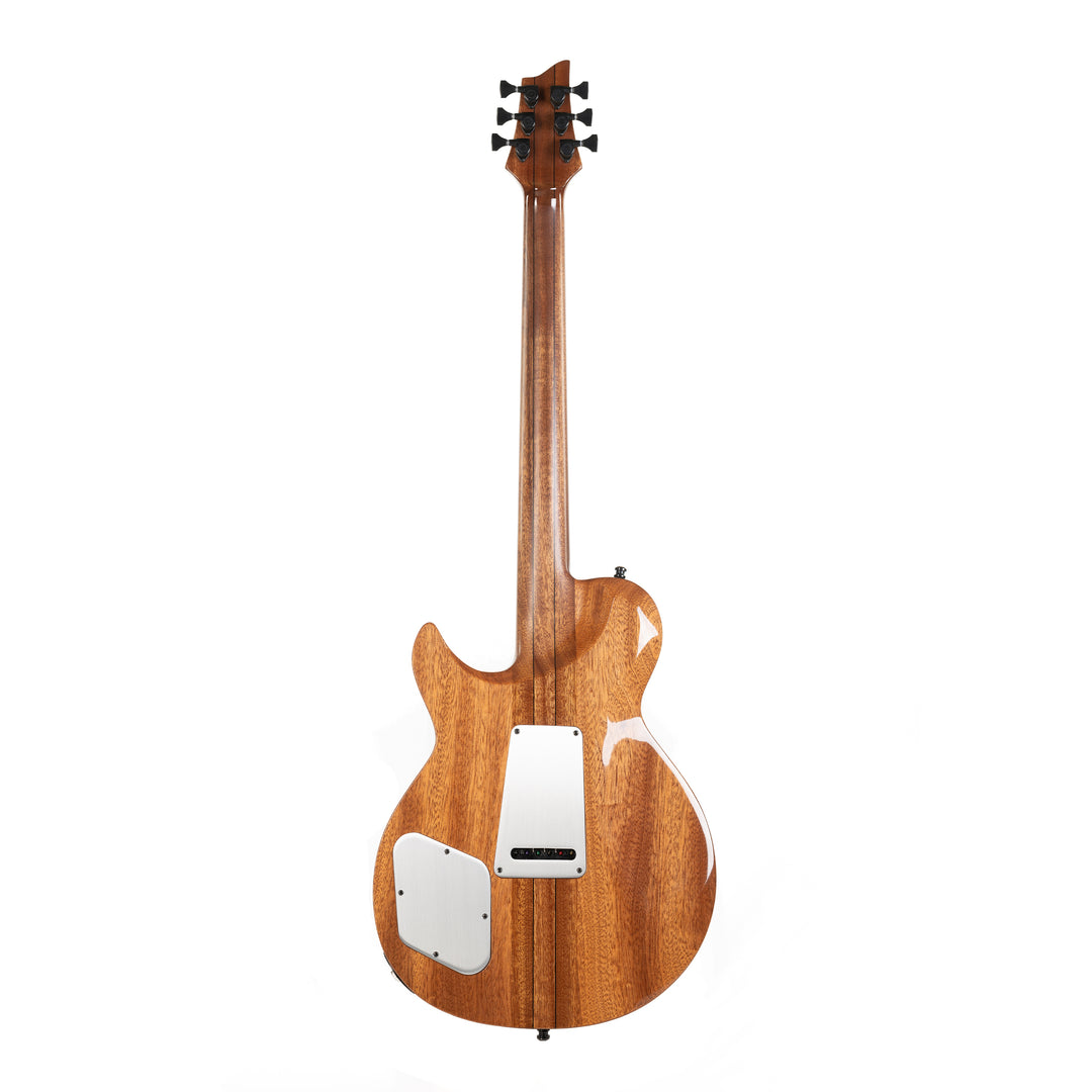 Dos en acajou et poirier français de la guitare Nina De Leeuw, manche traversant visible