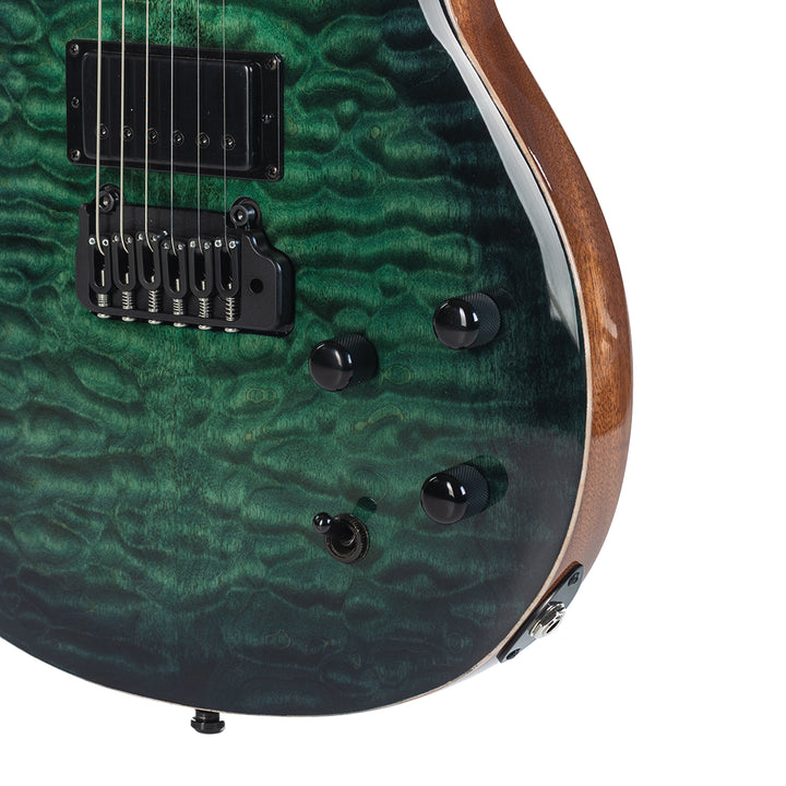 Guitare Nina De Leeuw, table en érable pomellé teinte Fontainebleau Forest, vue de face Détail micros Micros SP CUSTOM