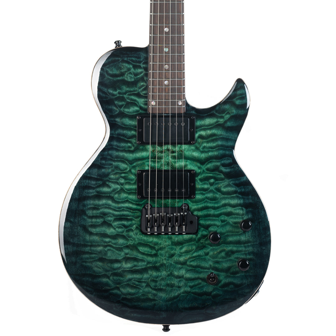 Guitare Nina De Leeuw, table en érable pommelé teinte Fontainebleau forest, vue de face