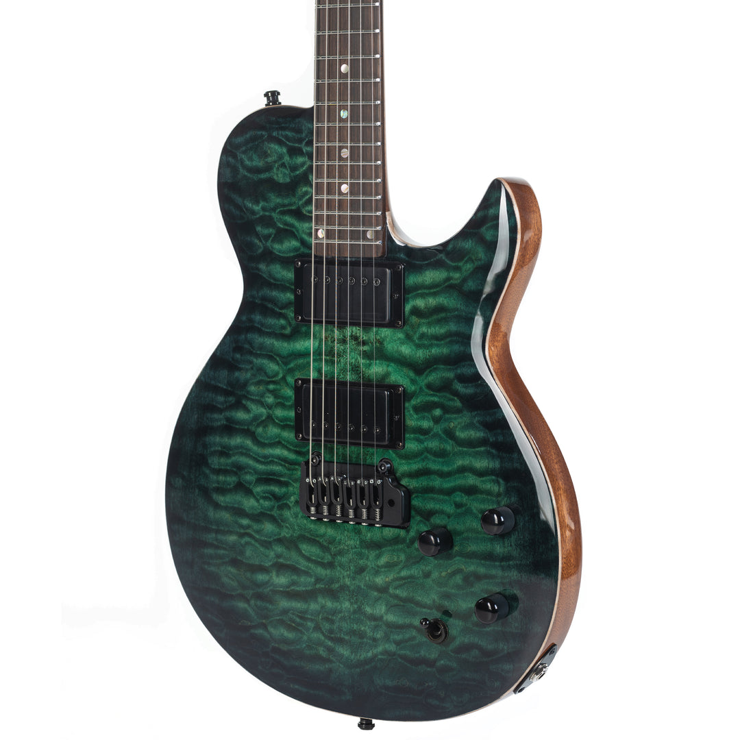 Guitare Nina De Leeuw, table en érable pommelé teinte Fontainebleau forest, vue de profil