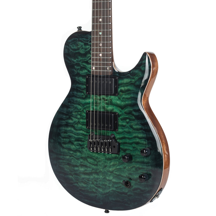 Guitare Nina De Leeuw, table en érable pommelé teinte Fontainebleau forest, vue de profil