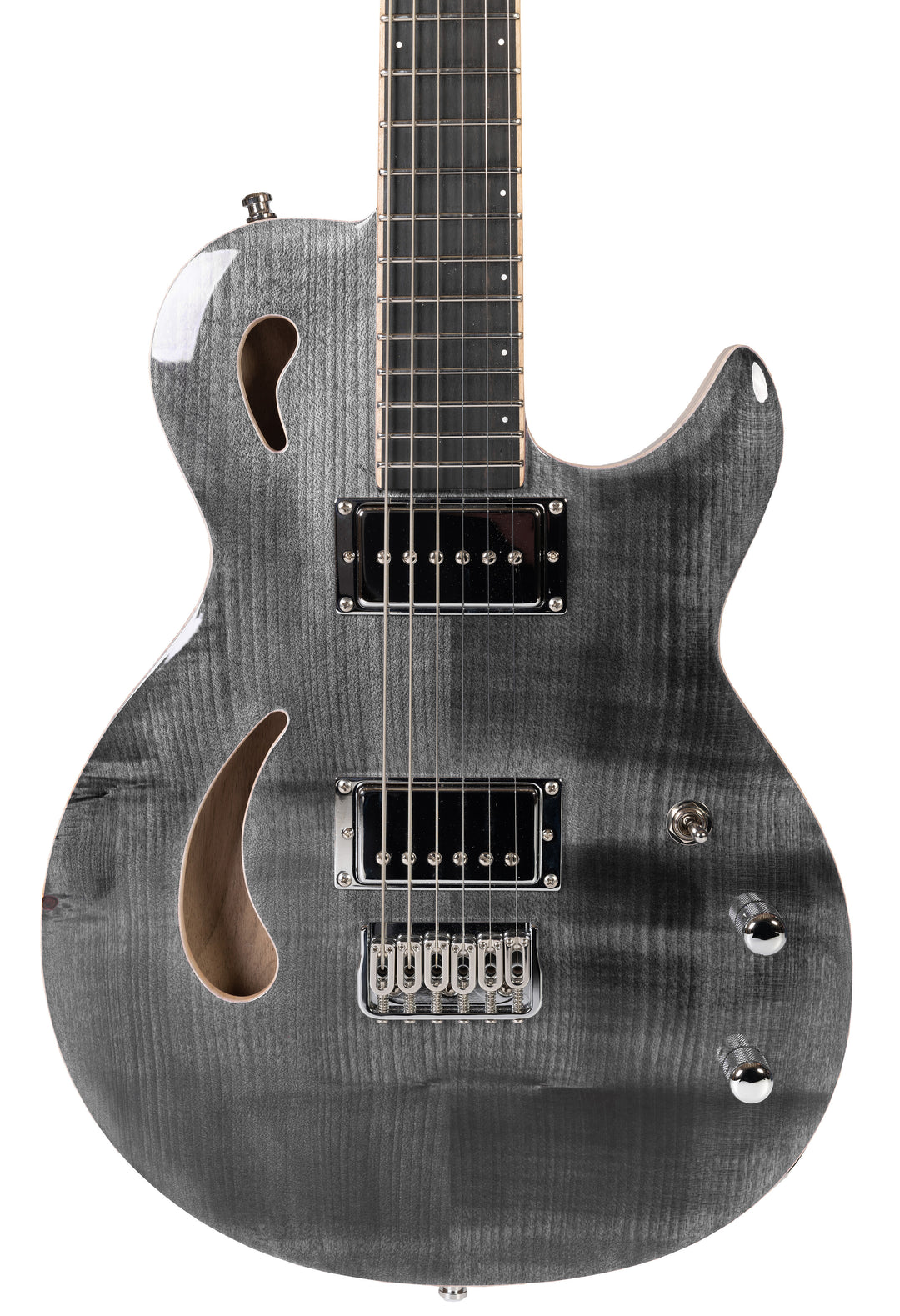 Nina_Guitar_Parisian_Gray_Glossy_Varnish_Close_up_front_De_Leeuw_Guitars_Paris_Made_in_France_Luthier_Guitar_Maker_France_Neck_Through_Manche_Traversant